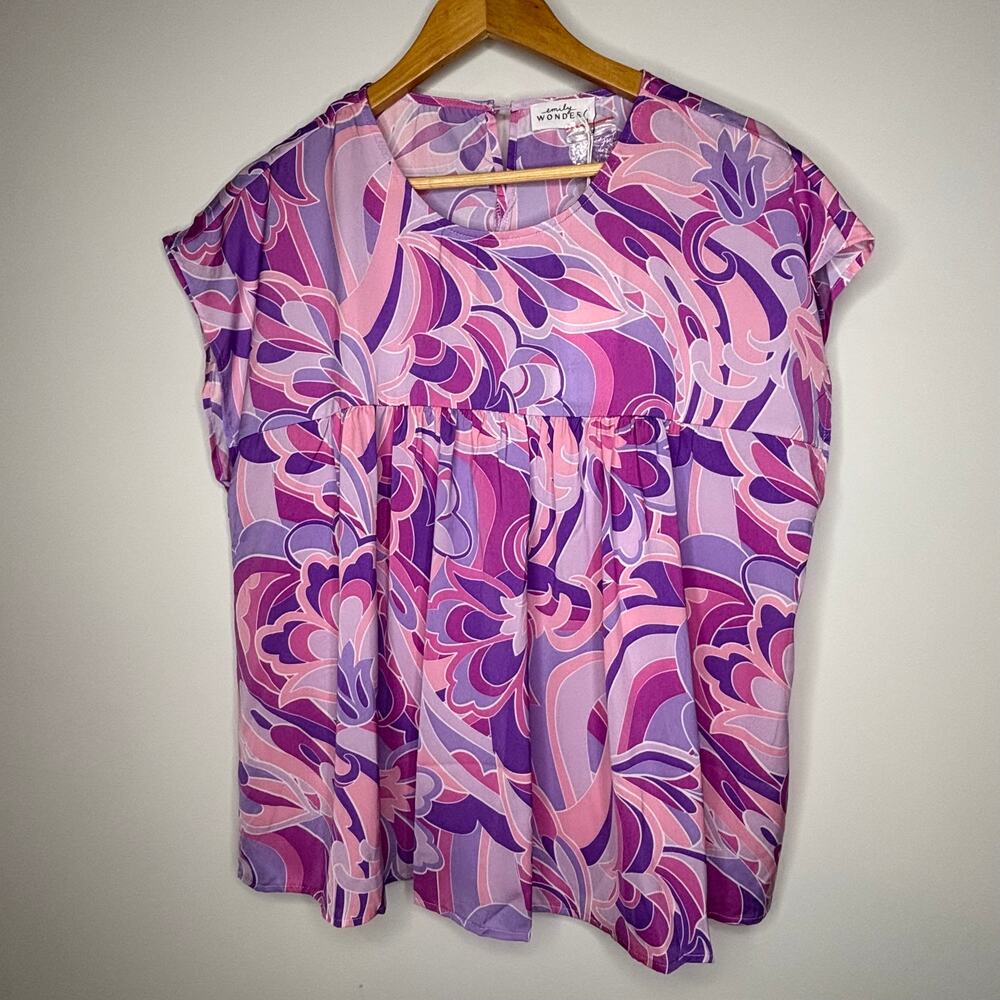 Purple Pink Retro Floral Babydoll Blouse Top Size Medium NWOT